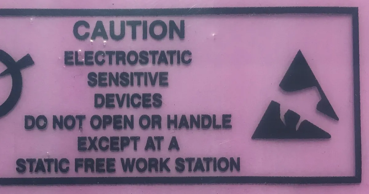 ESD warning label on a static dissipative bag reading caution electrostatic sensitive devices